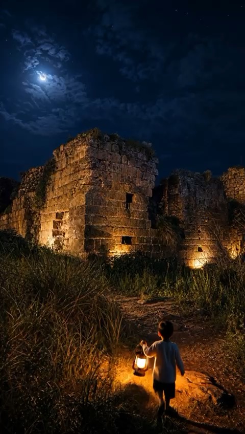 A child walking with a lantern toward Tel Qaqun at dusk